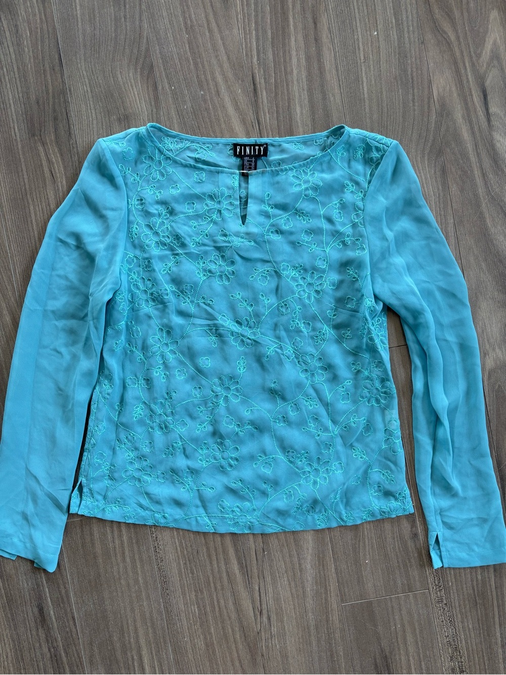 Finity Sheer Turquoise Embroidered Long-Sleeve Women's Top